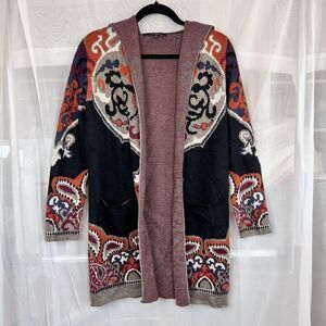Max sport tapestry print hooded cardigan sweater wool blend boho lagenlook SM